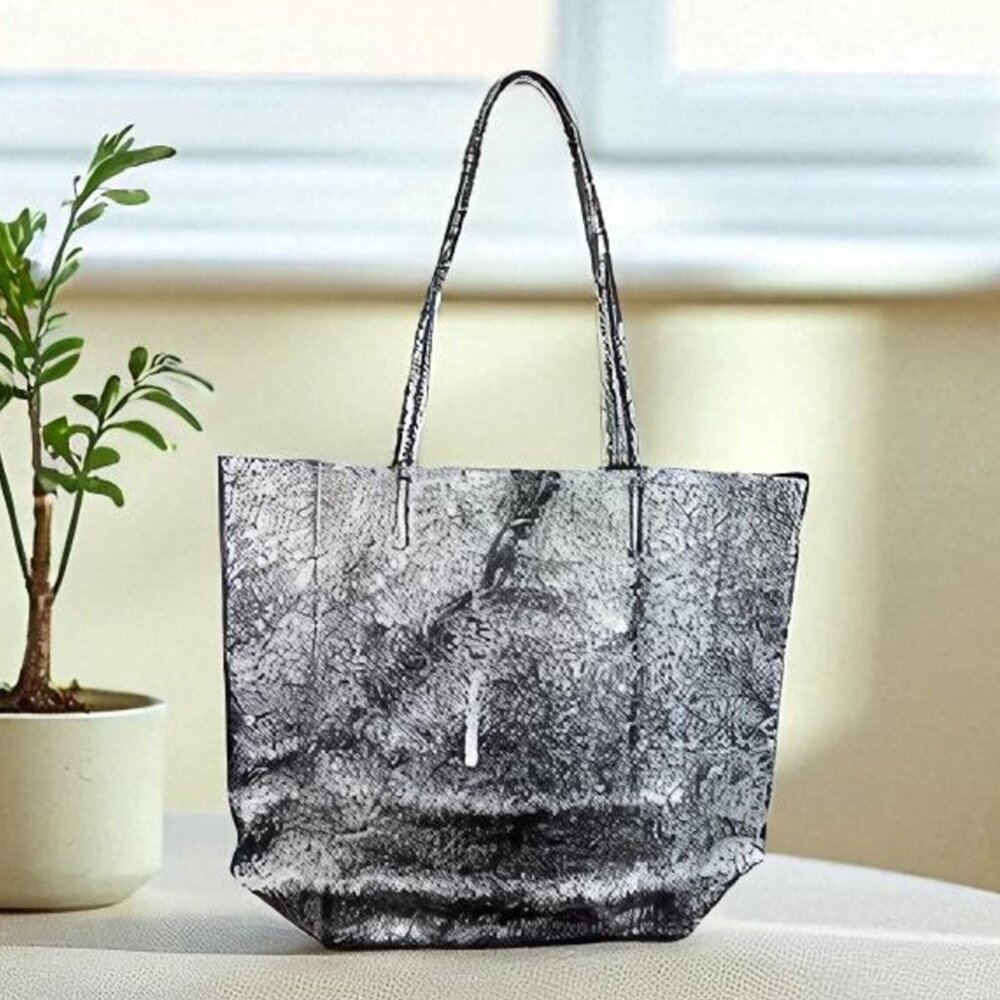 Anita Silver Italian Leather Women’s Handbag – Designer Shopper Tote Bag